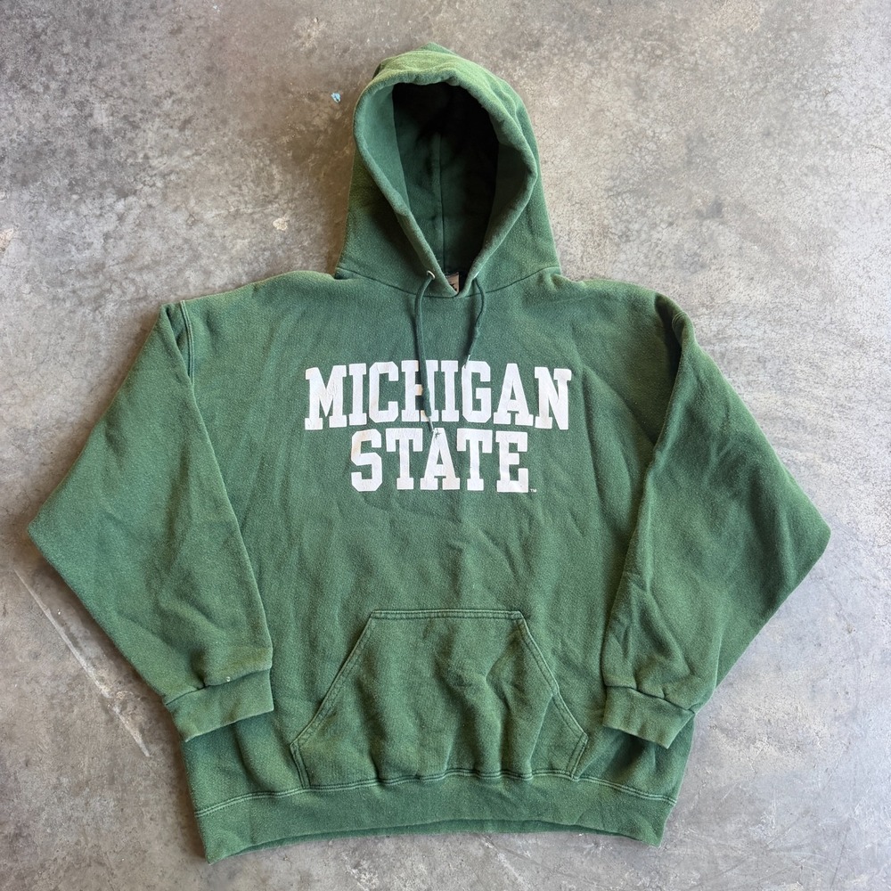 Vintage Michigan State Spartans Hoodie Men's XL Green Faded MSU Sweatshirt 90s